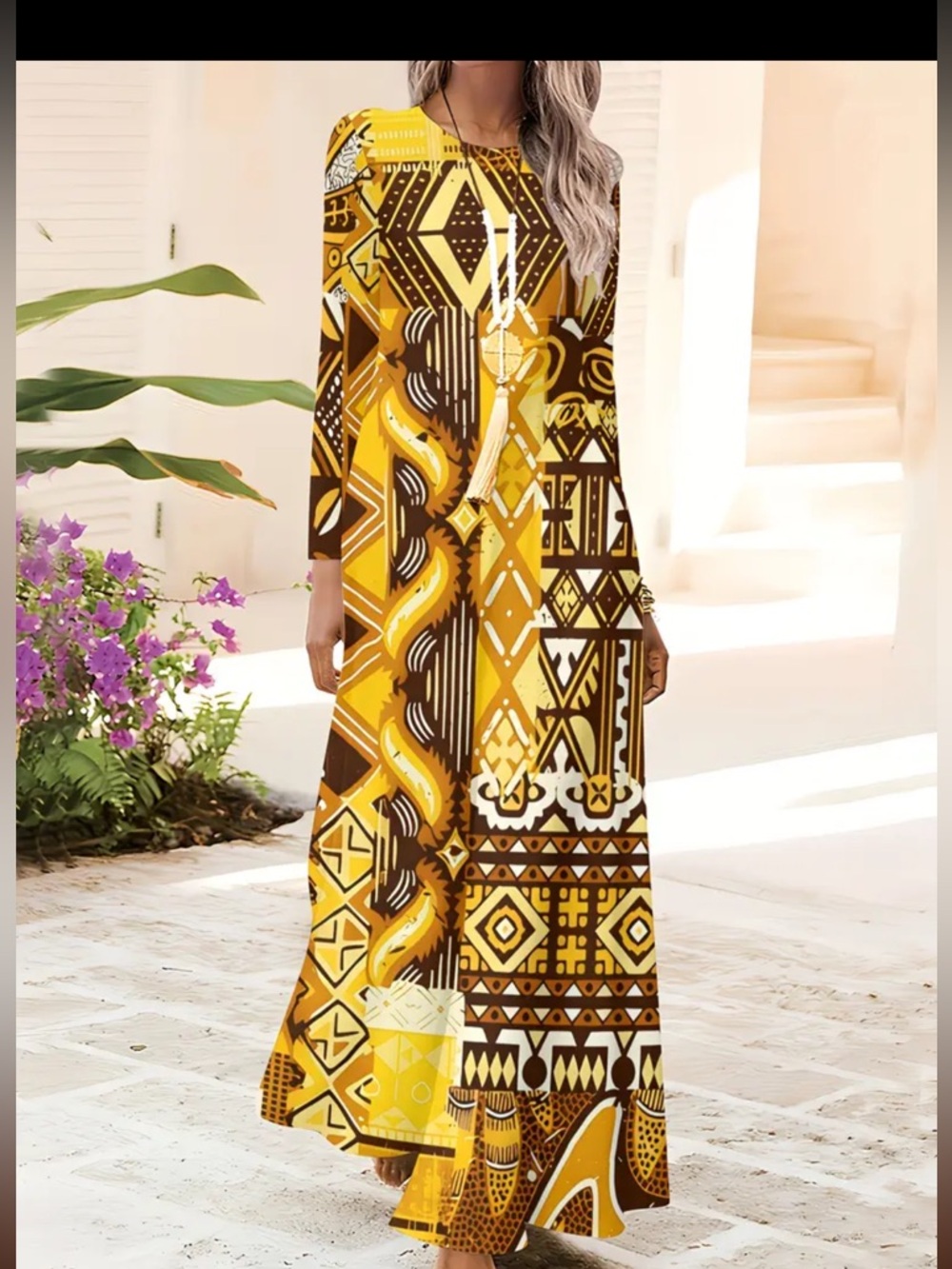 Bold Geometric Long Sleeve Maxi Dress in Mustard Yellow